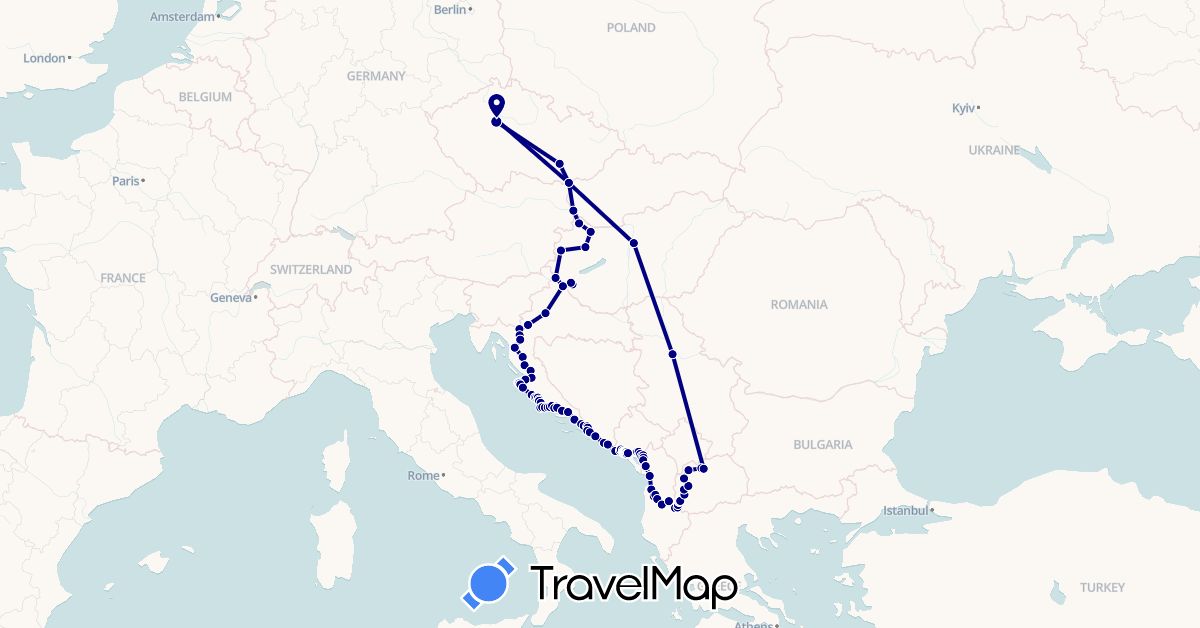 TravelMap itinerary: driving in Albania, Bosnia and Herzegovina, Czech Republic, Croatia, Hungary, Montenegro, Macedonia, Serbia, Slovakia (Europe)